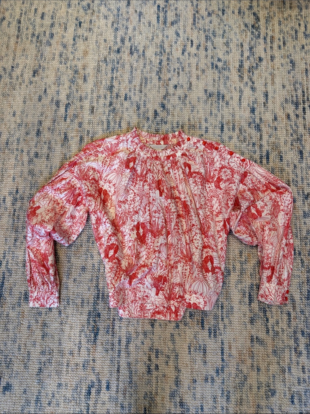 Mignon Red and White Botanical Print Long Sleeve Top